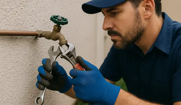 a male plumber fixing an outdoor faucet