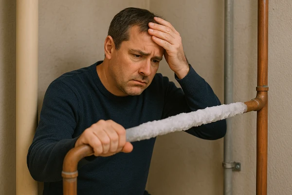 a worried plumber looking at a frozen pipe from Emergency Plumber Round Rock in Round Rock, TX - Burst pipe repair a worried plumber looking at a frozen pipe from Emergency Plumber Round Rock in Round Rock, TX - Burst pipe repair