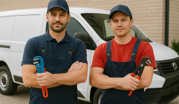 2 male plumbers looking at the camera from Emergency Plumber Round Rock in Round Rock, TX - Plumbing pipe redesign 2 male plumbers looking at the camera from Emergency Plumber Round Rock in Round Rock, TX - Plumbing pipe redesign