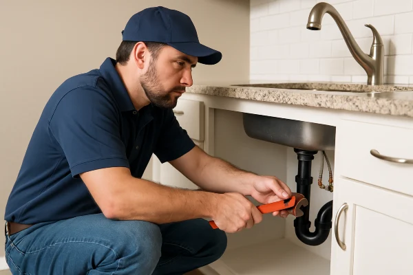 a male plumber checking a kitchen sink pipe connection from Emergency Plumber Round Rock in Round Rock, TX - Plumbing pipe redesign a male plumber checking a kitchen sink pipe connection from Emergency Plumber Round Rock in Round Rock, TX - Plumbing pipe redesign