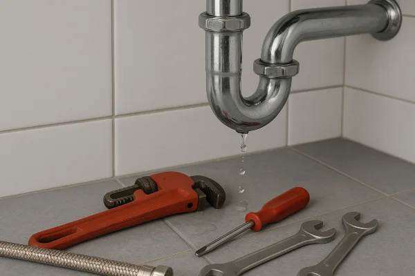a sink water leak and plumbing tools on the floor from Emergency Plumber Round Rock in Round Rock, TX - Sewer Line Clearing Services