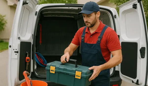 a plumbing technician putting his toolbox back in his van from Emergency Plumber Round Rock in Round Rock, TX - Slab leak detection a plumbing technician putting his toolbox back in his van from Emergency Plumber Round Rock in Round Rock, TX - Slab leak detection
