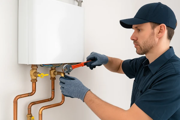 a plumber working on a tankless water heater from Emergency Plumber Round Rock in Round Rock, TX - Slab leak detection a plumber working on a tankless water heater from Emergency Plumber Round Rock in Round Rock, TX - Slab leak detection