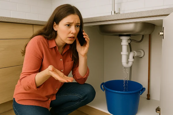 a woman on the phone about a water leak underneath her kitchen sink from Emergency Plumber Round Rock in Round Rock, TX - Slab leak detection a woman on the phone about a water leak underneath her kitchen sink from Emergency Plumber Round Rock in Round Rock, TX - Slab leak detection