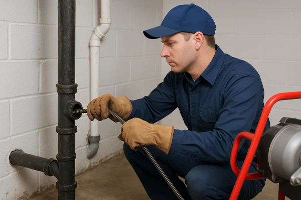 a plumber using a snake to clear a plumbing pipe from Emergency Plumber Round Rock in Round Rock, TX - Slab leak detection a plumber using a snake to clear a plumbing pipe from Emergency Plumber Round Rock in Round Rock, TX - Slab leak detection