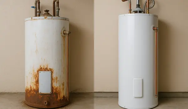 a rusted water heater next to a brand new water heater from Emergency Plumber Round Rock in Round Rock, TX - Water Leak Diagnosis a rusted water heater next to a brand new water heater from Emergency Plumber Round Rock in Round Rock, TX - Water Leak Diagnosis