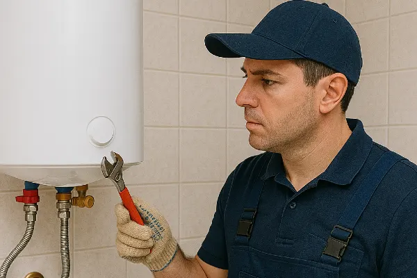 a male plumber working on a water heater mounted on the wall from Emergency Plumber Round Rock in Round Rock, TX - Water Leak Diagnosis a male plumber working on a water heater mounted on the wall from Emergency Plumber Round Rock in Round Rock, TX - Water Leak Diagnosis