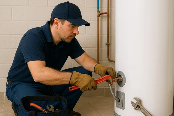 a male plumber working on a water heater connection from Emergency Plumber Round Rock in Round Rock, TX - Water Leak Diagnosis a male plumber working on a water heater connection from Emergency Plumber Round Rock in Round Rock, TX - Water Leak Diagnosis