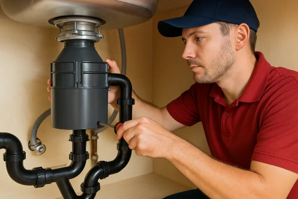 a male plumber using a screwdriver to fix a garbage disposal from Emergency Plumber Round Rock in Round Rock, TX - Water Leak Diagnosis a male plumber using a screwdriver to fix a garbage disposal from Emergency Plumber Round Rock in Round Rock, TX - Water Leak Diagnosis